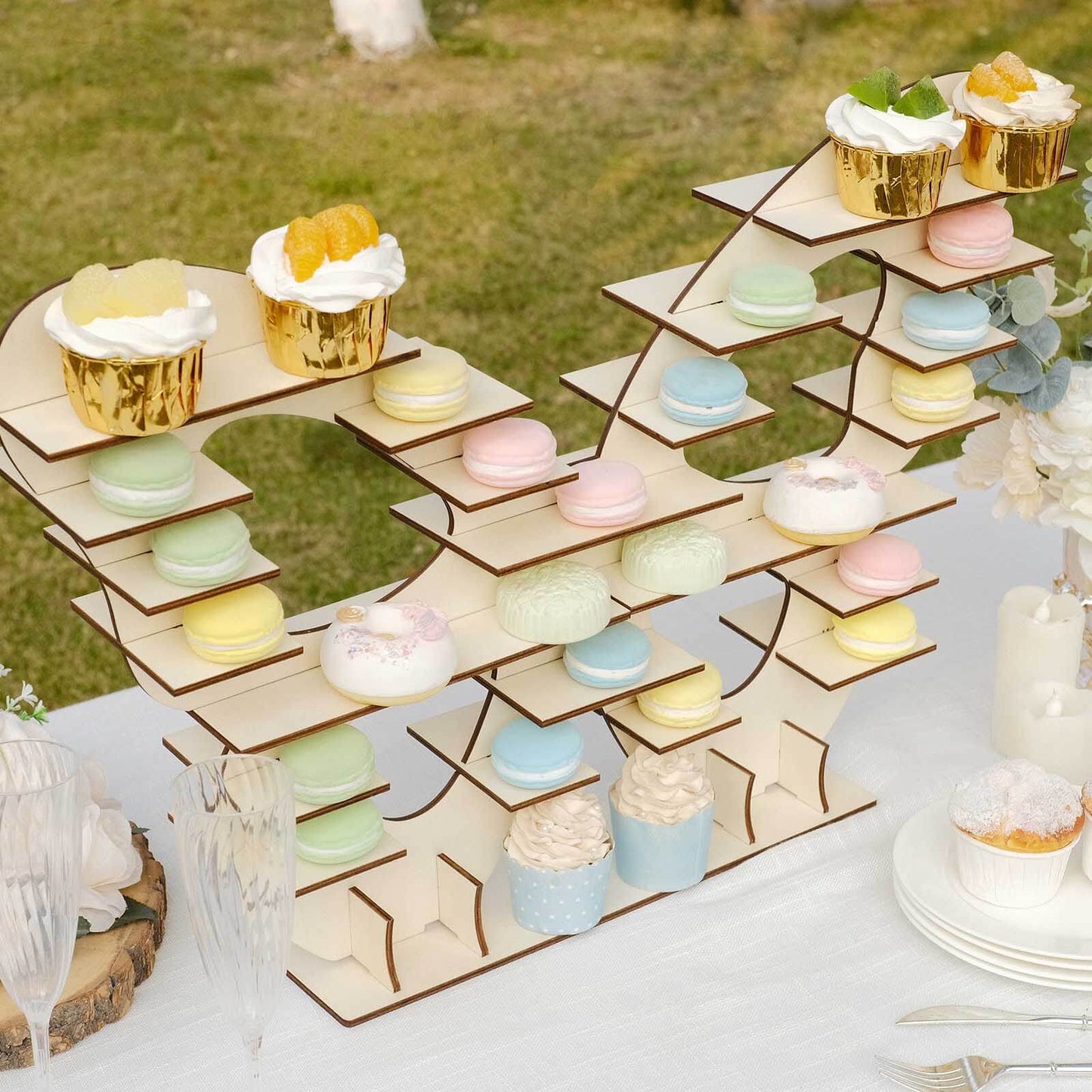 7-Tier Wooden Dessert Display Stand Butterfly Shaped Design Natural - Double Sided Cupcake Holder Shelf Rack 25"