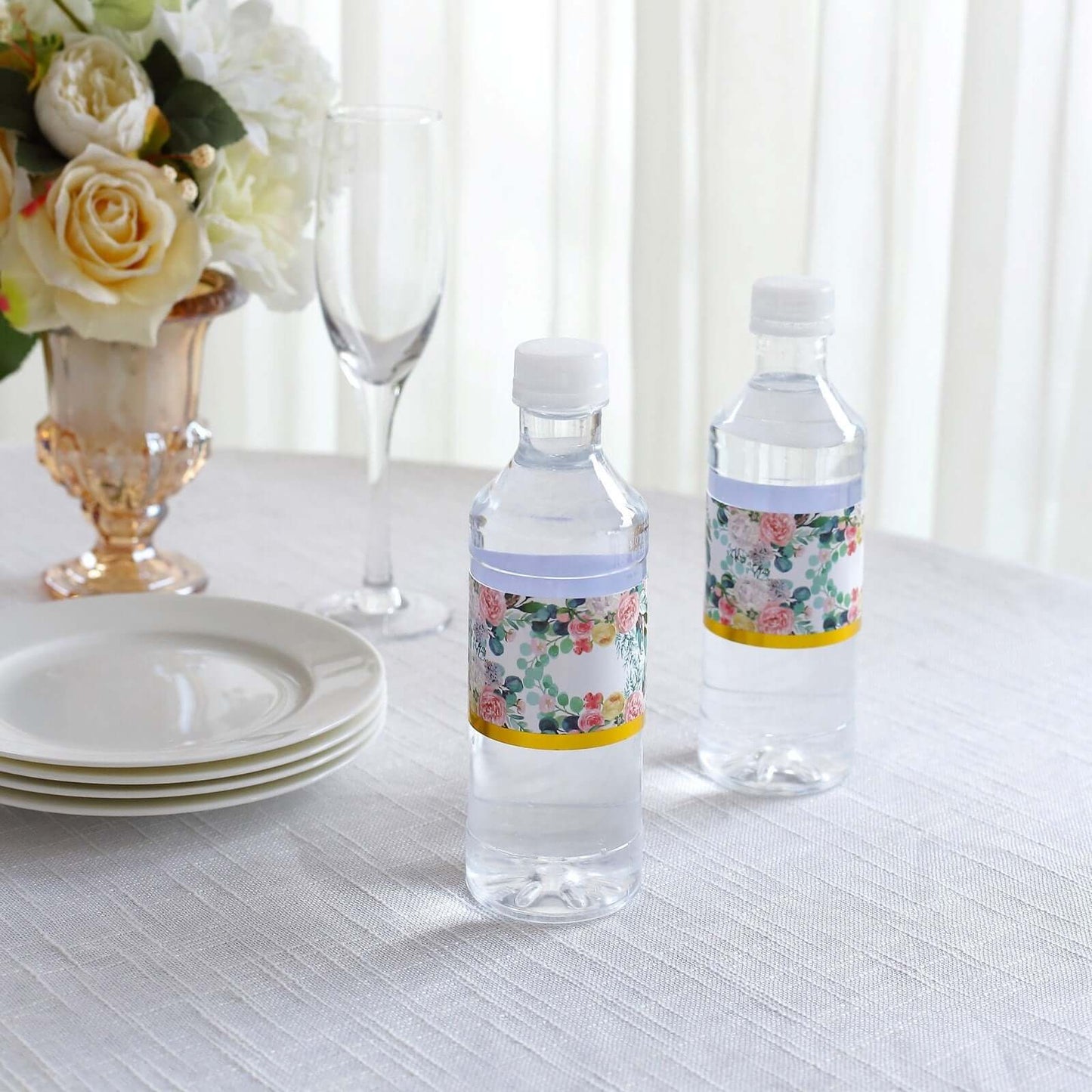 24 Pack White/Pink Water Bottle Labels with Peony Floral Design & Gold Trim, Waterproof Bottle Stickers