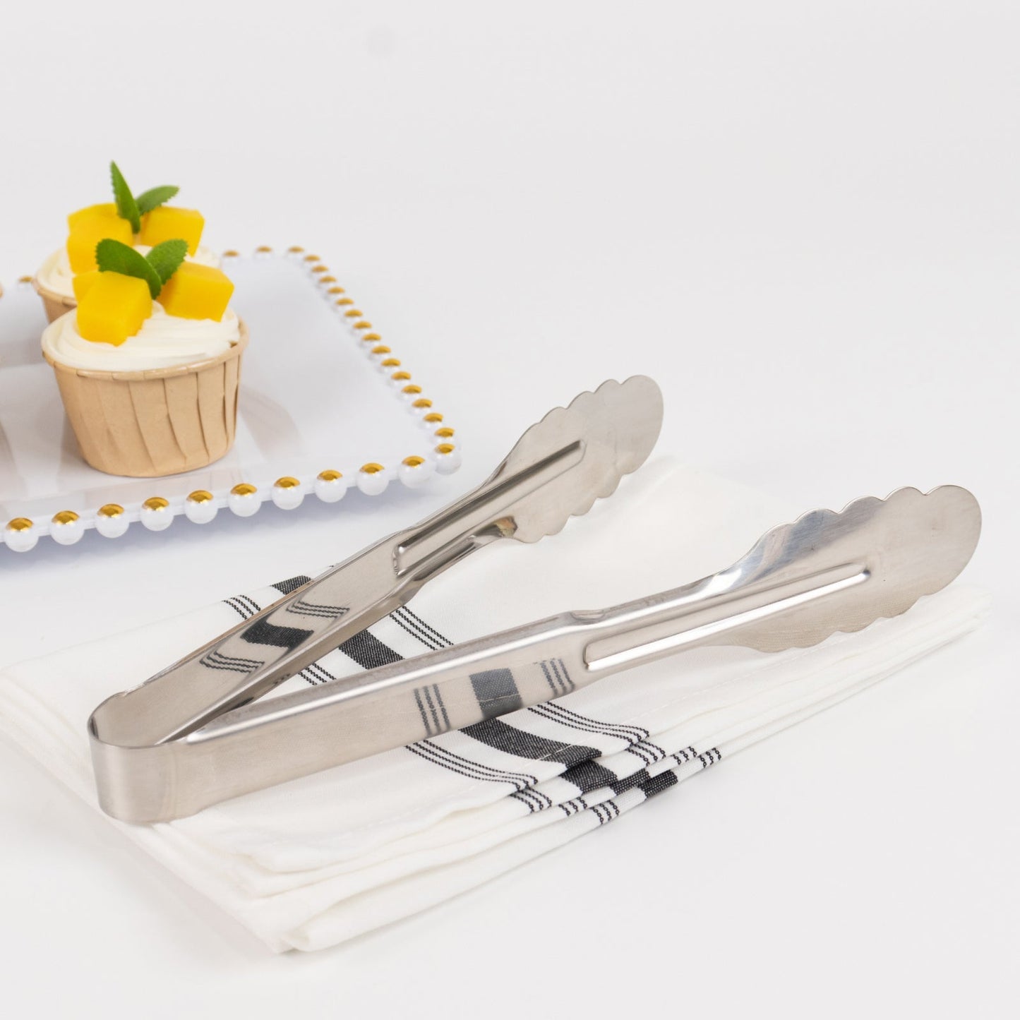 10-Pack Metal Serving Tongs Silver - Stainless Steel Food Safe Kitchen Tongs with Scalloped Gripping Edge for Indoor & Outdoor Gatherings 9.5"