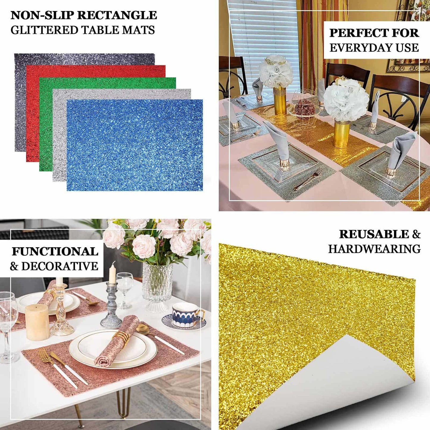 6-Pack Placemats Glitter Design Rose Gold Sparkle Rectangle - Non-Slip Decorative Dining Table Mats 12"x18"