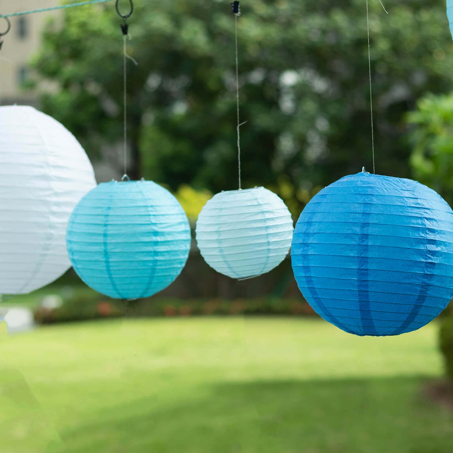 Set of 8 Mixed Blue White Hanging Paper Lanterns, Decorative Round Chinese Sky Lanterns, Assorted Sizes - 6",8",10",14"