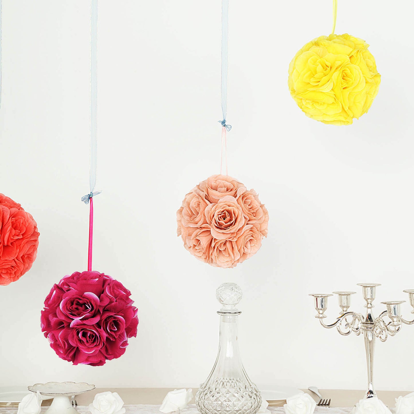 2 Pack 7" Fuchsia Artificial Silk Rose Kissing Ball, Flower Ball