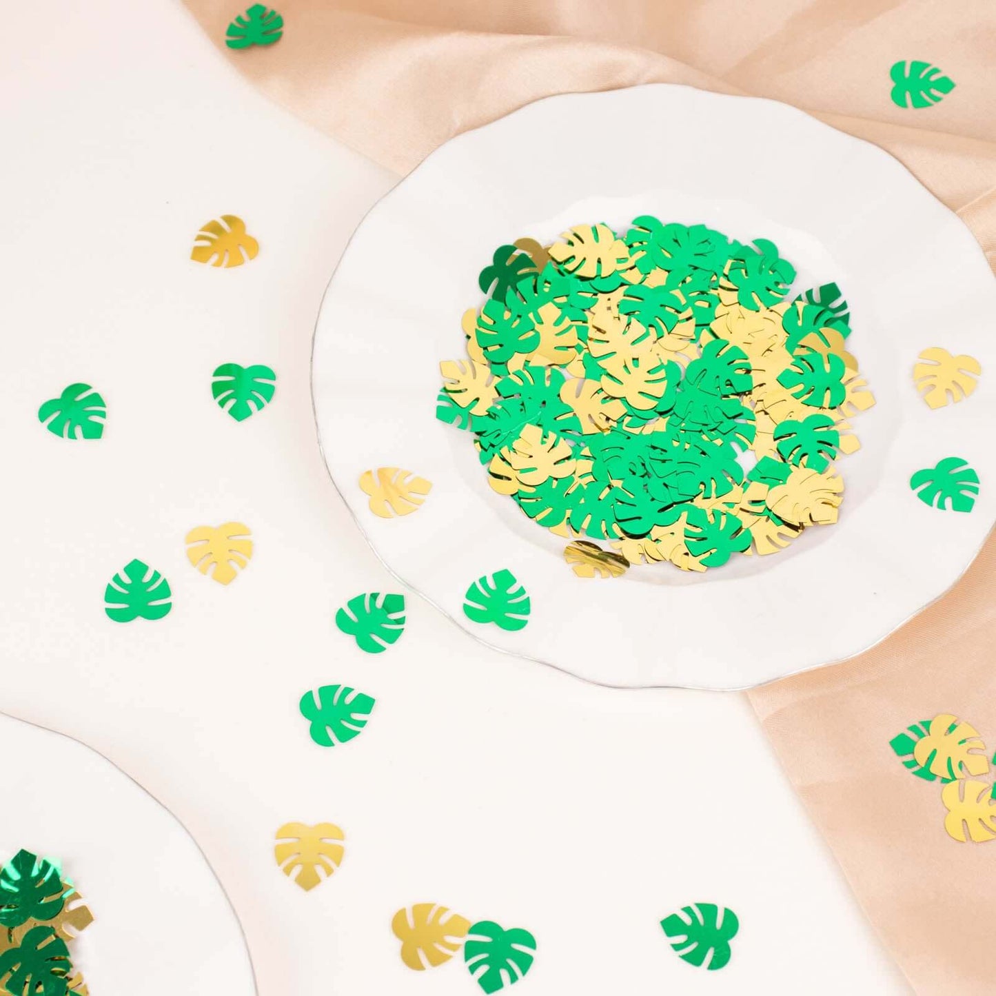 15G Bag Tropical Palm Leaf Table Confetti, Shiny Monstera Metallic Green and Gold Vibrant Eye-Catching Design