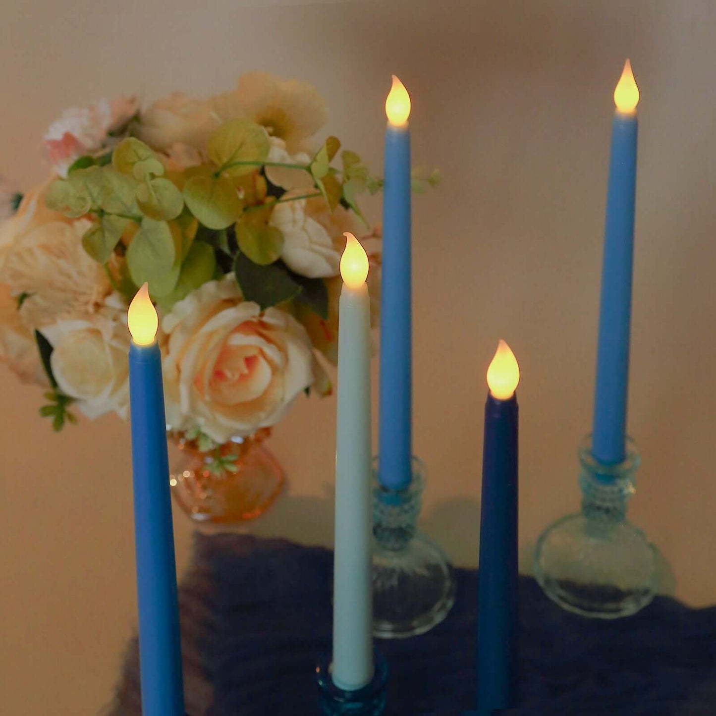 8-Pack LED Flickering Lighting Mixed Blue - Flameless Battery Operated Taper Candles 11"