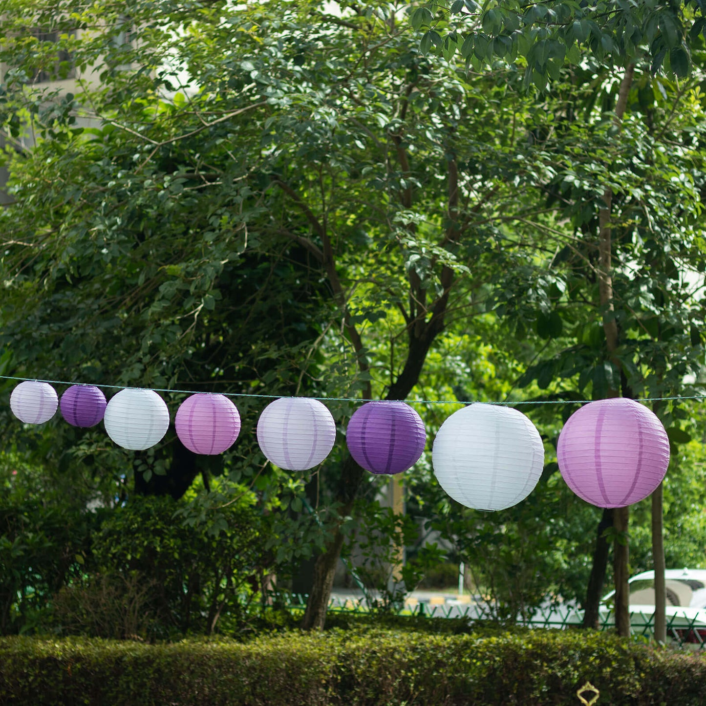 Set of 8 Mixed Purple White Hanging Paper Lanterns, Decorative Round Chinese Sky Lanterns, Assorted Sizes - 6",8",10",14"