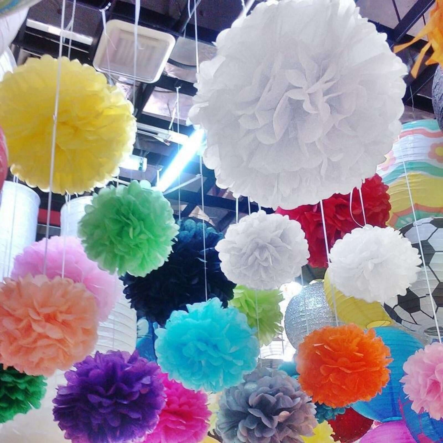 6 Pack 8" White Tissue Paper Pom Poms Flower Balls, Ceiling Wall Hanging Decorations