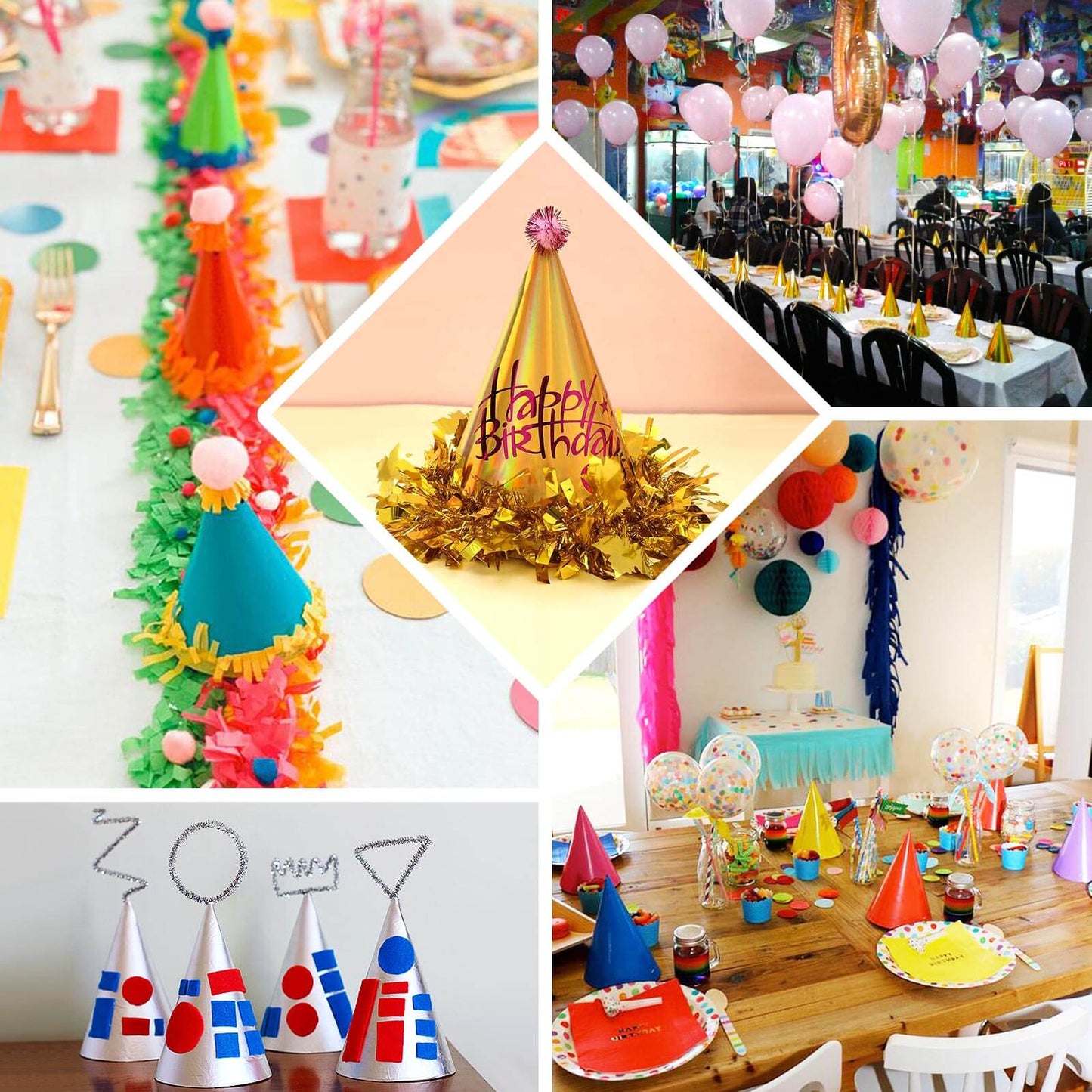 25 Pack Mixed Metallic Foil Cone Party Hats, Pre-Strung Paper Birthday Hats - 5"x7"