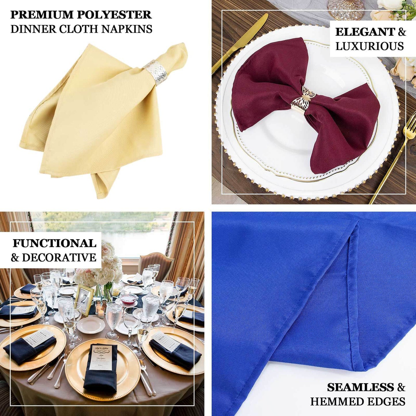 5 Pack Premium Polyester 20"x20" Napkins Gold - Wrinkle-Resistant & Durable Dinner Napkins for Any Occasion