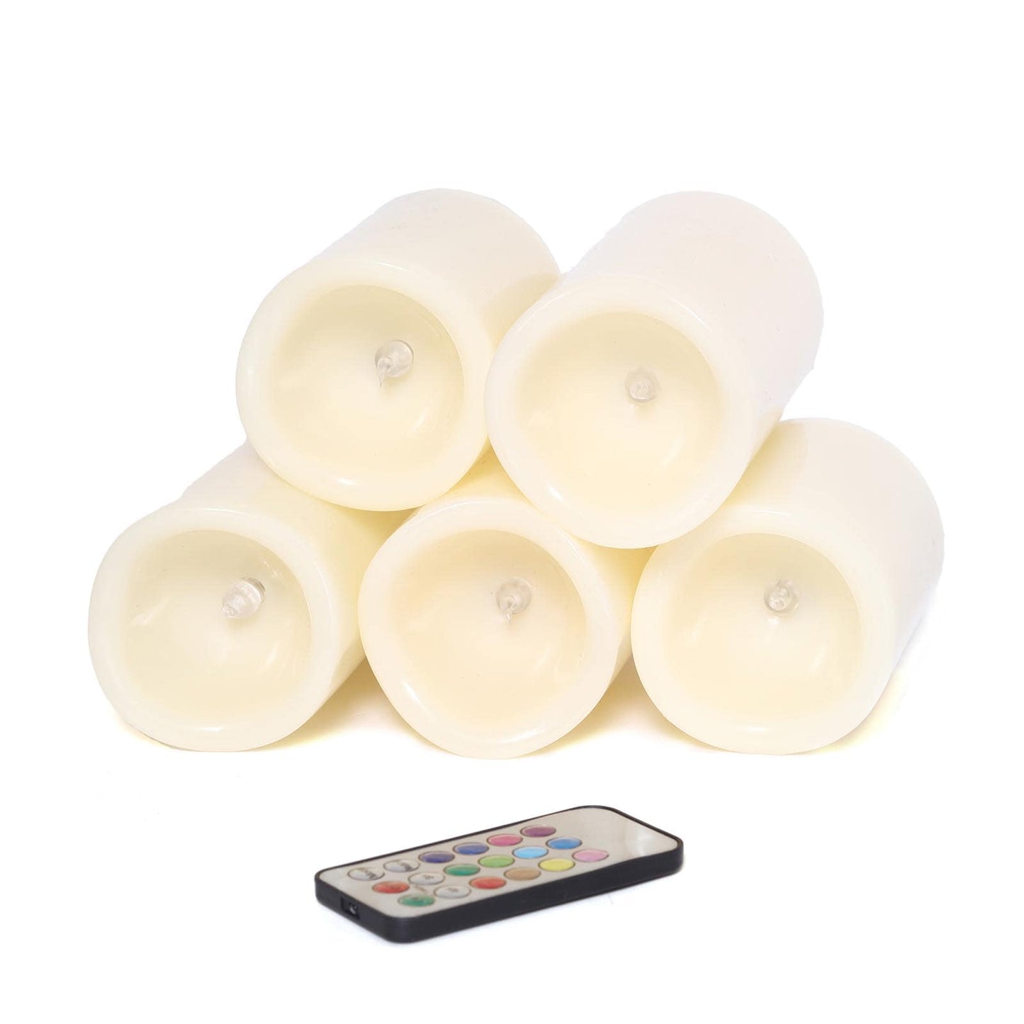 Set of 5 LED Flickering Pillar Candles Color Changing Ivory with Remote - Battery Operated 4", 5", 6"