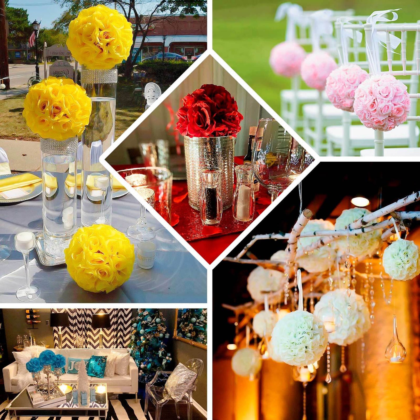 2 Pack 7" Burgundy Artificial Silk Rose Kissing Ball, Flower Ball