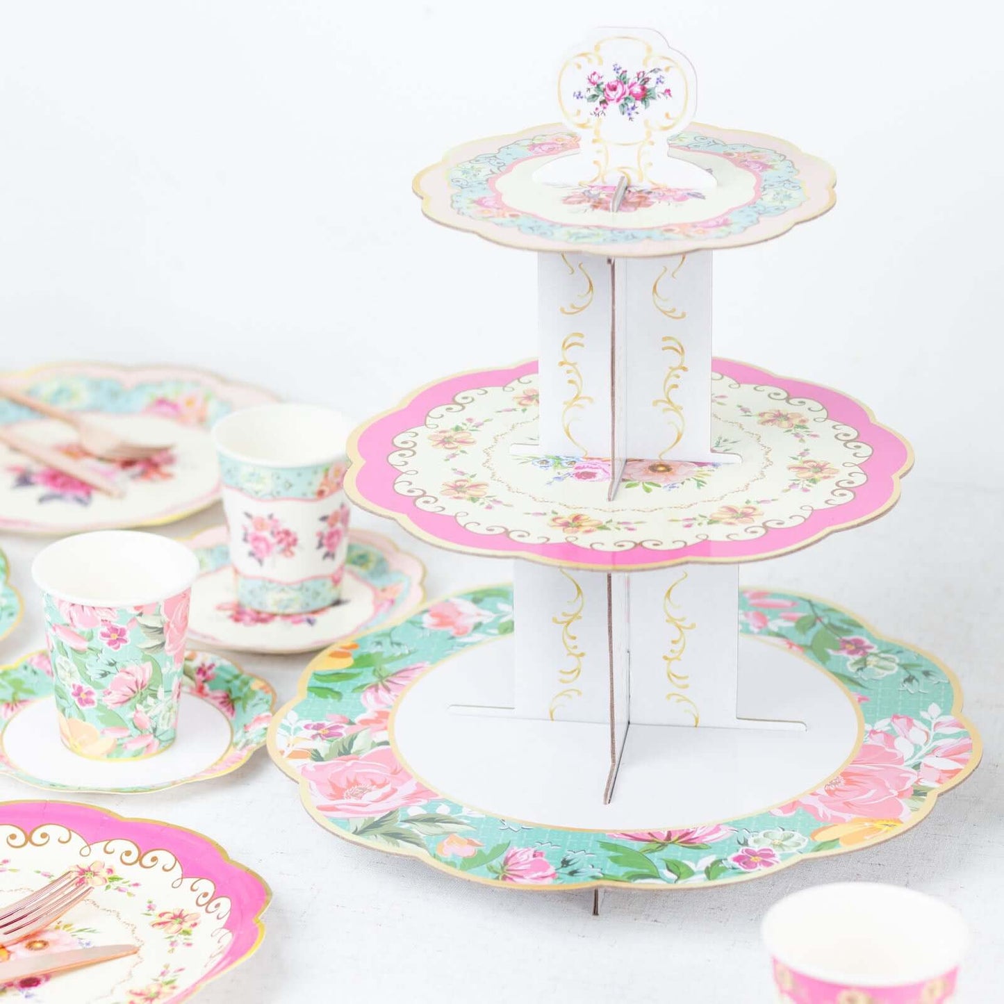 2-Pack Cardboard Round Cupcake Stand Assorted Floral Design - 3-Tier Reusable Dessert Display Pedestal With Scalloped Edges for Garden-Themed Celebrations 14"