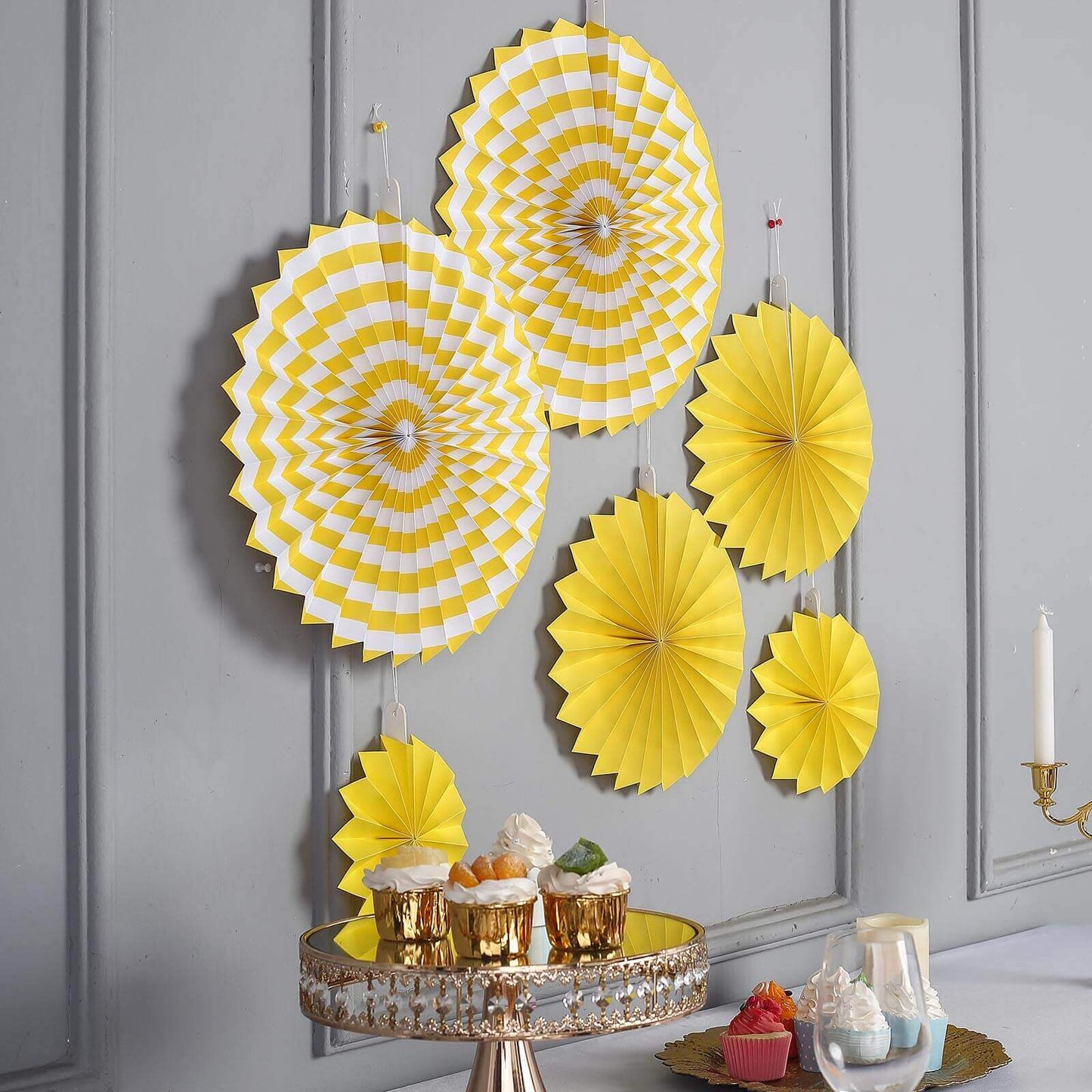 Set of 6 Yellow Hanging Paper Fan Decorations, Pinwheel Wall Backdrop Party Kit - 8", 12", 16"
