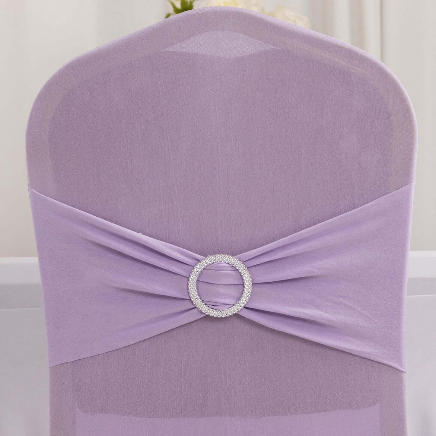 Spandex Chair Cover with Silver Rhinestone Buckled Sash Band Lavender Lilac - Stretch Fitted Slipcover
