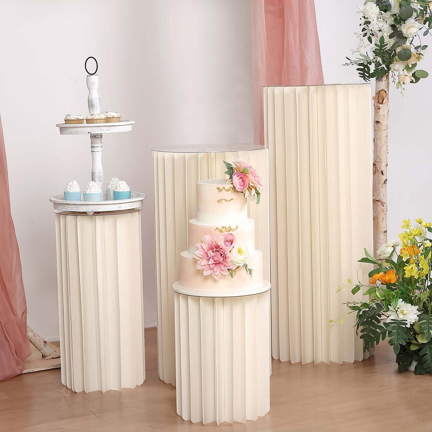 24" Ivory Cylinder Display Column Stand, Pillar Pedestal Stand With Top Plate