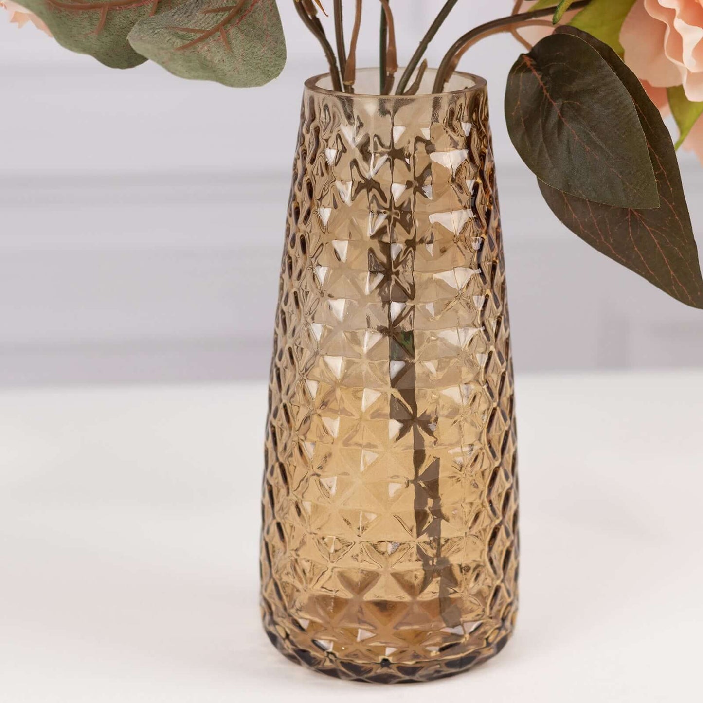 6-Pack Glass Urn Vases Amber Gold with Diamond Crystal Cut Pattern - Stylish Decorative Design for Event Decor 8.5"