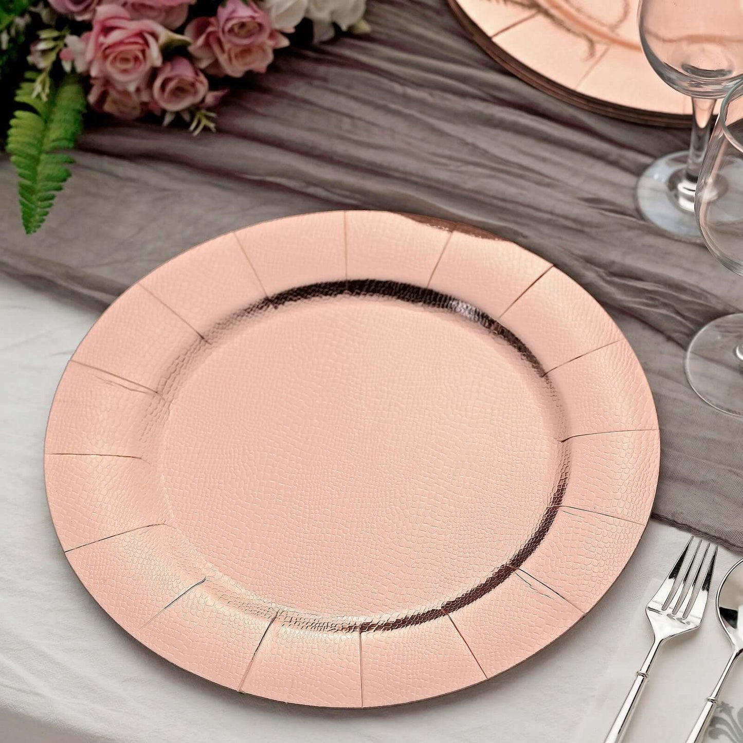 10-Pack Disposable Round Charger Plates in Rose Gold with Leathery Texture - Durable 1100GSM Cardboard Placemats 13"