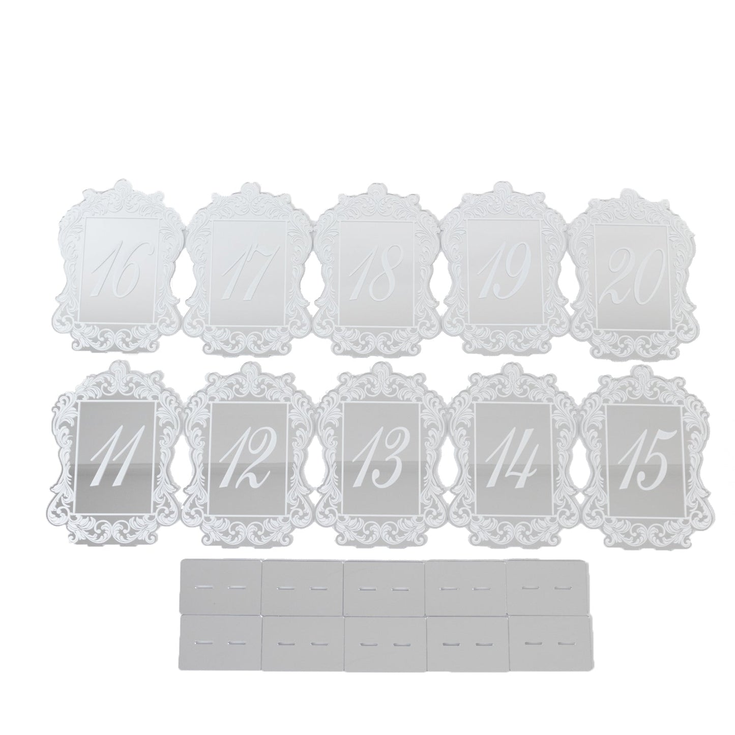 Silver Mirror Arch Acrylic Table Numbers (11-20) - 5"x7" Wedding Reception Signs with Baroque Lace Border, White Print & Stands