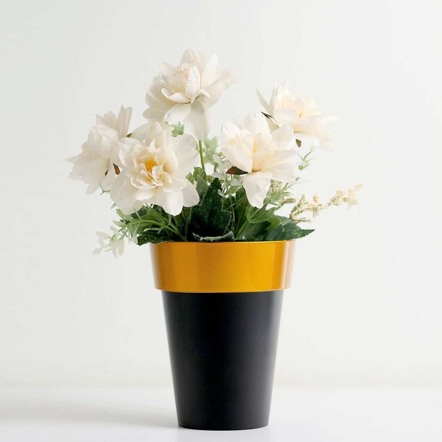 2-Pack Flower Plant Pots Medium Design Black with Gold Rim - Plastic Indoor Decorative Planters 6"