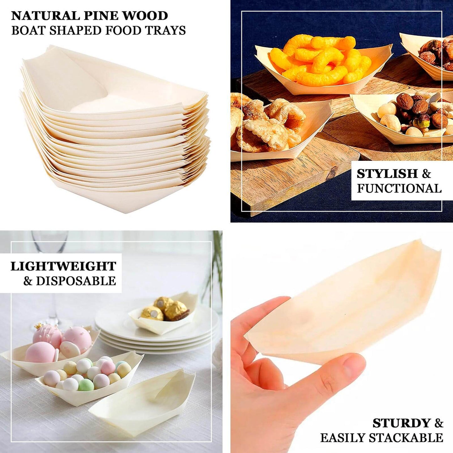 50-Pack Pine Wood Boat Shaped Food Trays Natural Compostable Design - 100% Biodegradable Sushi Snack Plates 6"