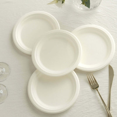 50-Pack Bagasse 7" Round Dessert Plates in White - Biodegradable Disposable Sugarcane Appetizer Salad Plates for Outdoor Celebrations & Picnics