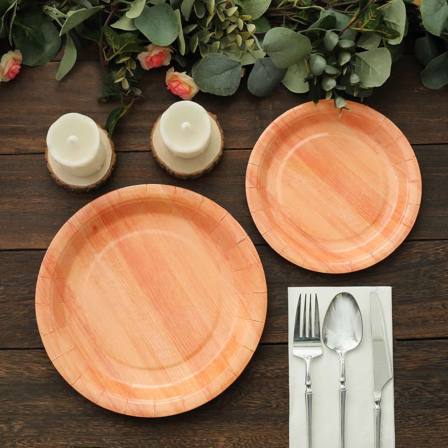 25-Pack Paper 7" Round Dessert Plates in Natural Wood Grain Print - Disposable Appetizer Salad Plates for Rustic Farmhouse Style Events