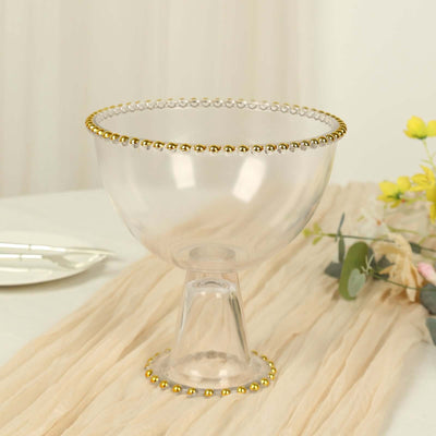 Compote Pedestal Bowl Glass Flower Vase Clear with Gold Beaded Rim - Footed Candy Trifle Bowl for Displays 8’’