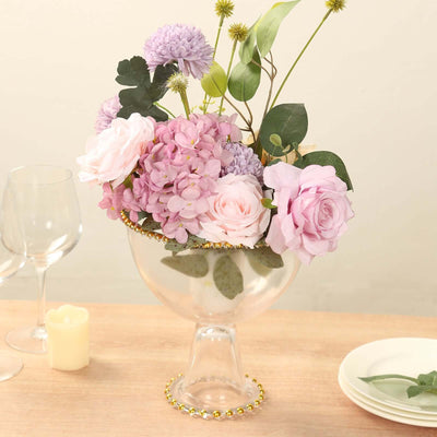 Compote Pedestal Bowl Glass Flower Vase Clear with Gold Beaded Rim - Footed Candy Trifle Bowl for Displays 8’’