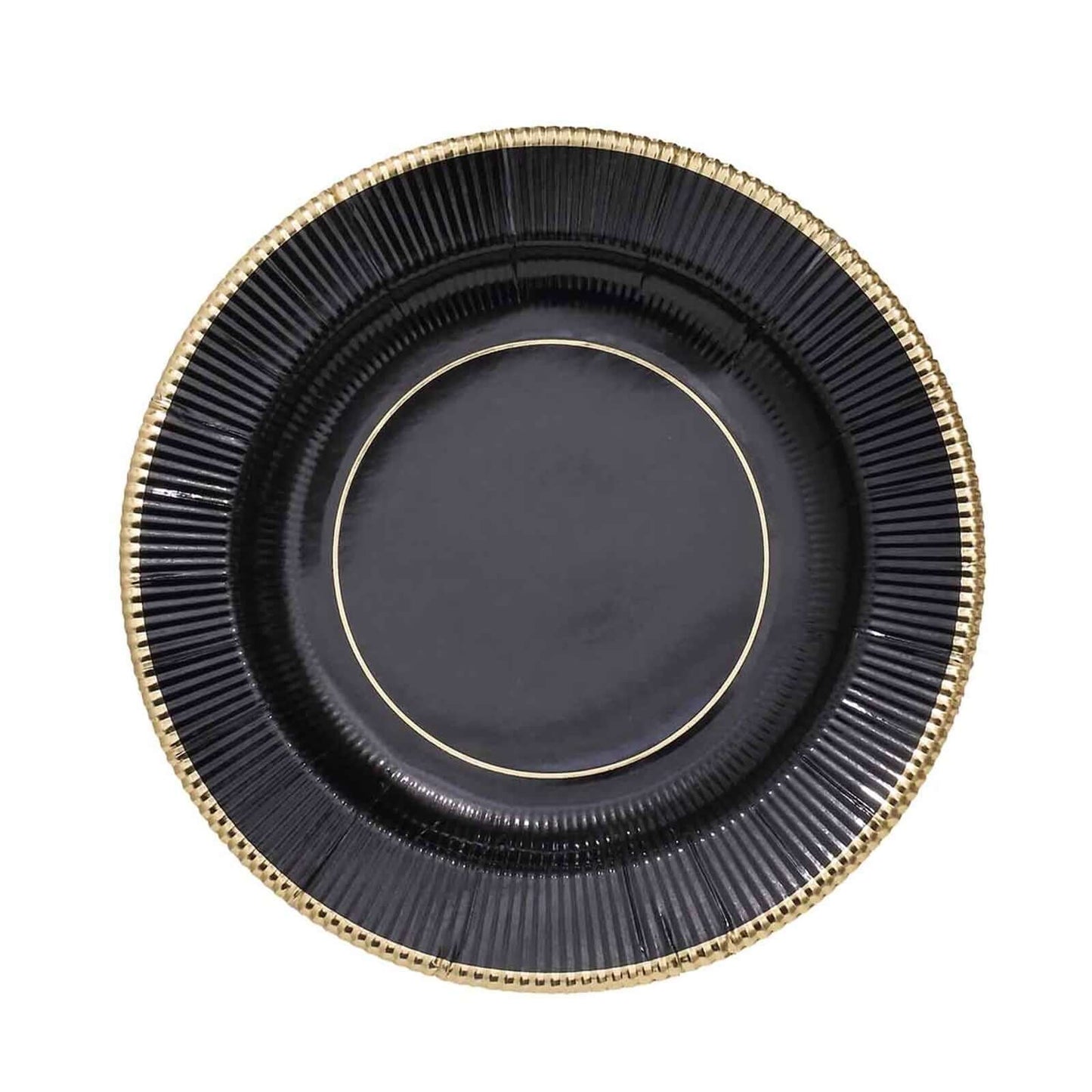 25-Pack Paper 8" Round Dessert Plates in Black Sunray Design with Gold Rim - Disposable Heavy Duty 350GSM Appetizer Salad Plates