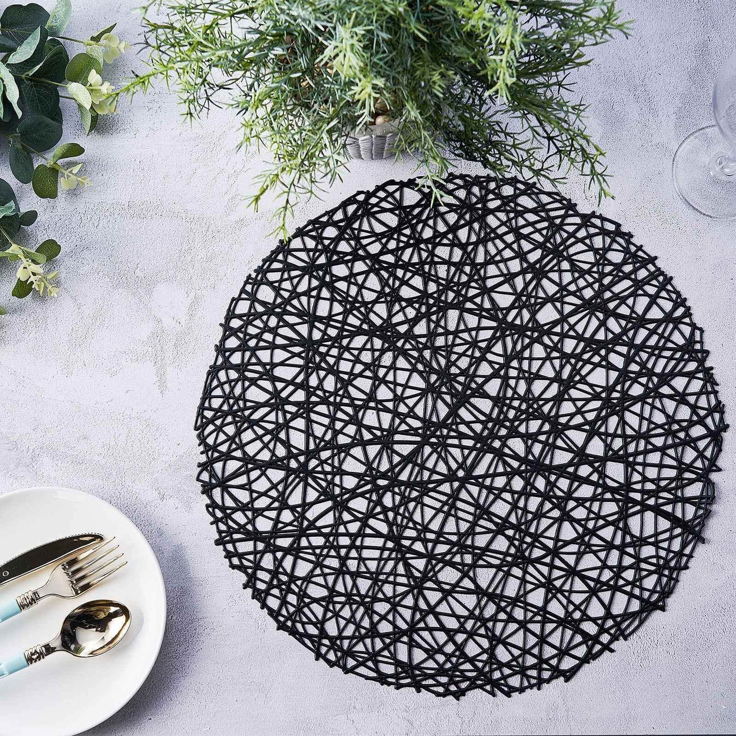 6-Pack Vinyl Placemats Black Woven Design - Durable Non-Slip Round Table Mats for Dining 15"