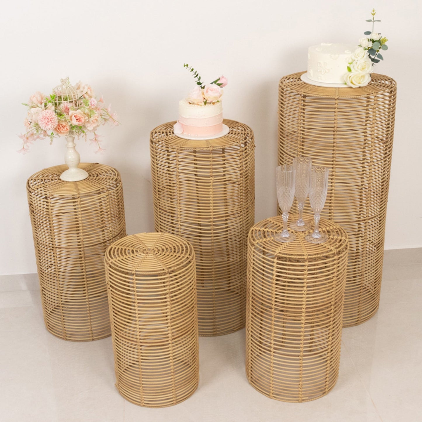 Set of 5 Natural Woven Rattan Wicker Pedestal Stands, Boho Chic Side Table Cylinder Cake Dessert Plant Display Stands - 20",21",24",29",36"