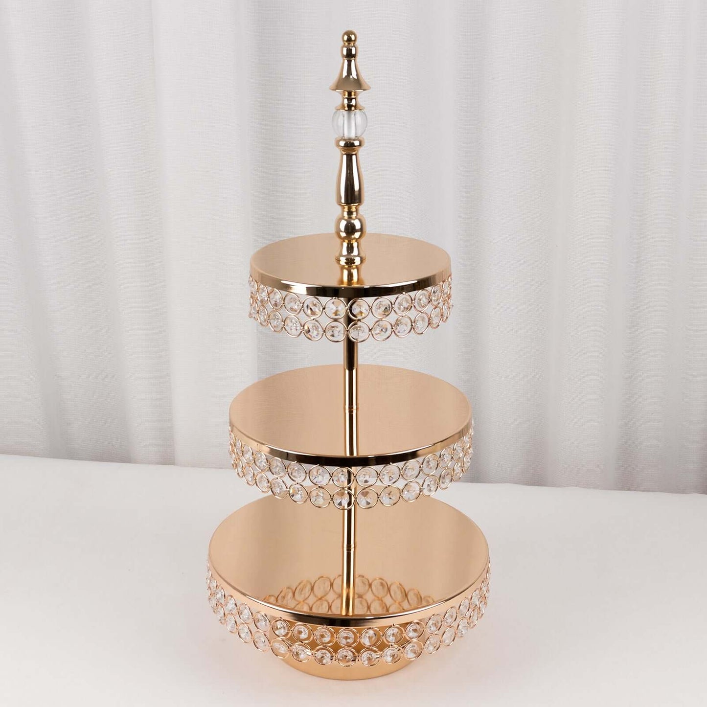 3-Tier Cake Stand Crystal Beaded Gold with Round Mirror Top - Metal Cupcake Tower Dessert Display 26"