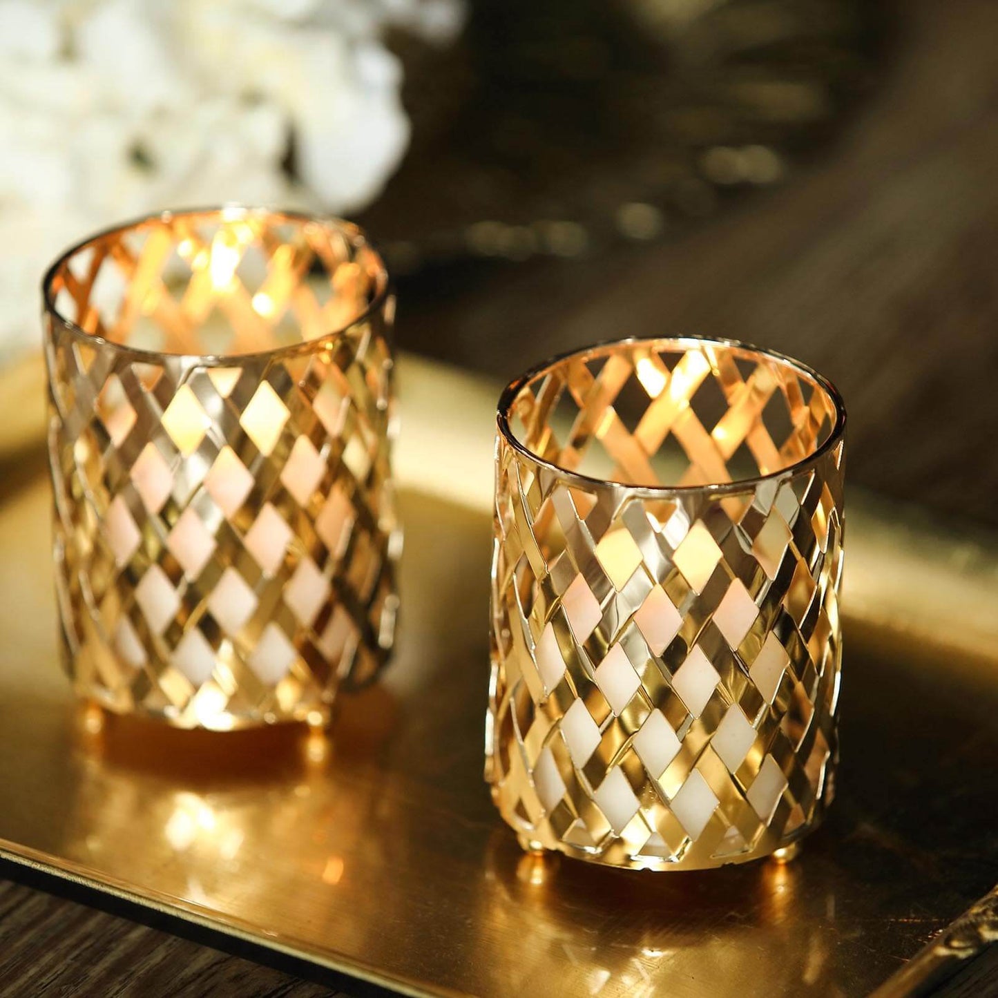 2-Pack Votive Candle Holders Gold Metal Diamond Cut Geometric Design - Perfect for Home DÃ©cor and Events 4"