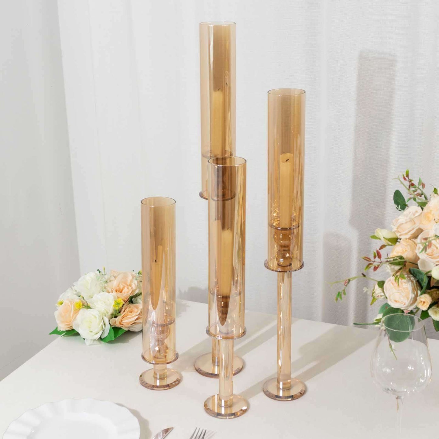 Set of 4 Crystal Glass Hurricane Taper Candle Holders, Decorative Tall Candle Stands Amber Gold Cylinder Chimney Tubes 14", 18", 22", 26"