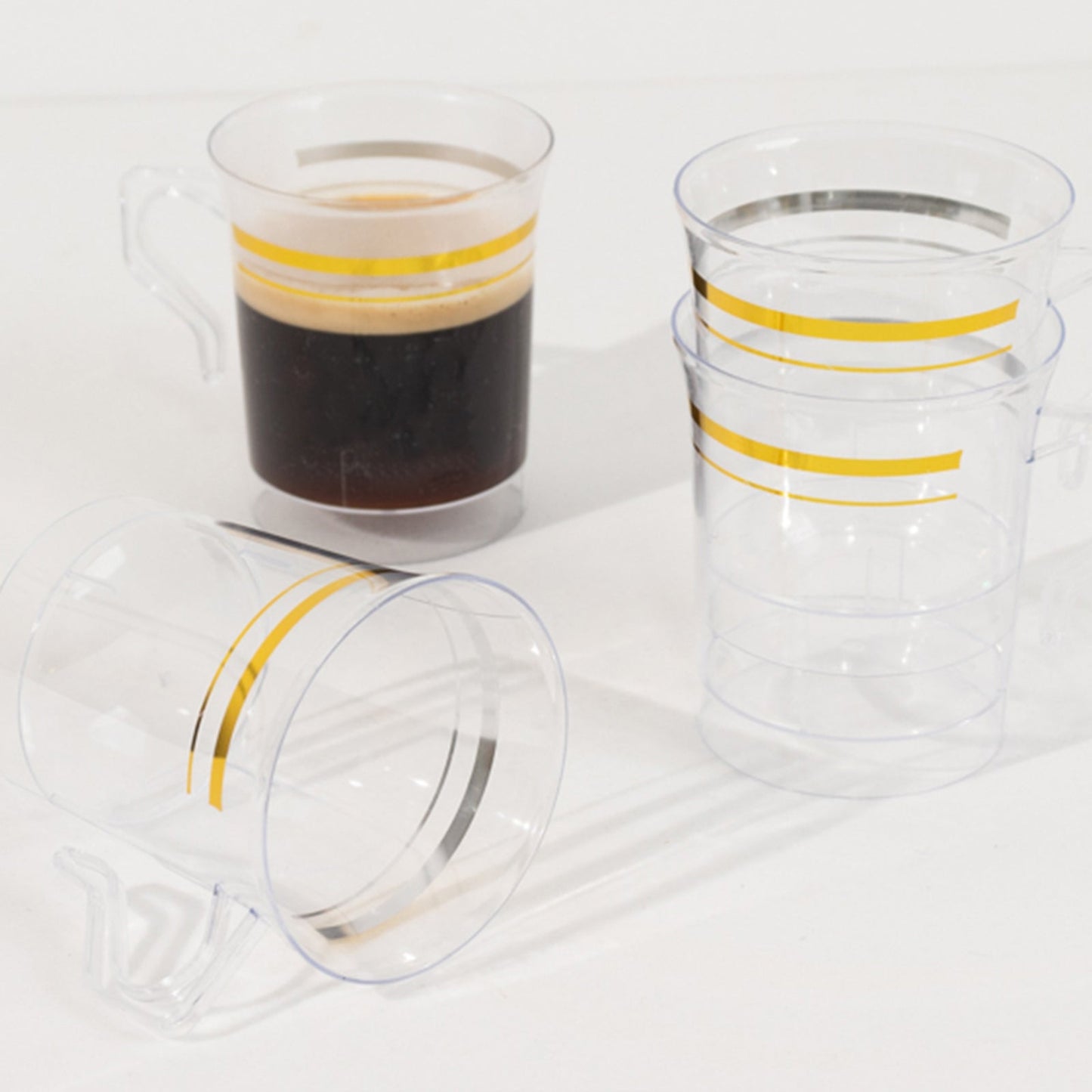 8-Pack Plastic Coffee Mugs Clear with Gold Stripes - Sturdy Disposable Cups for Coffee and Tea 8oz 3.5"