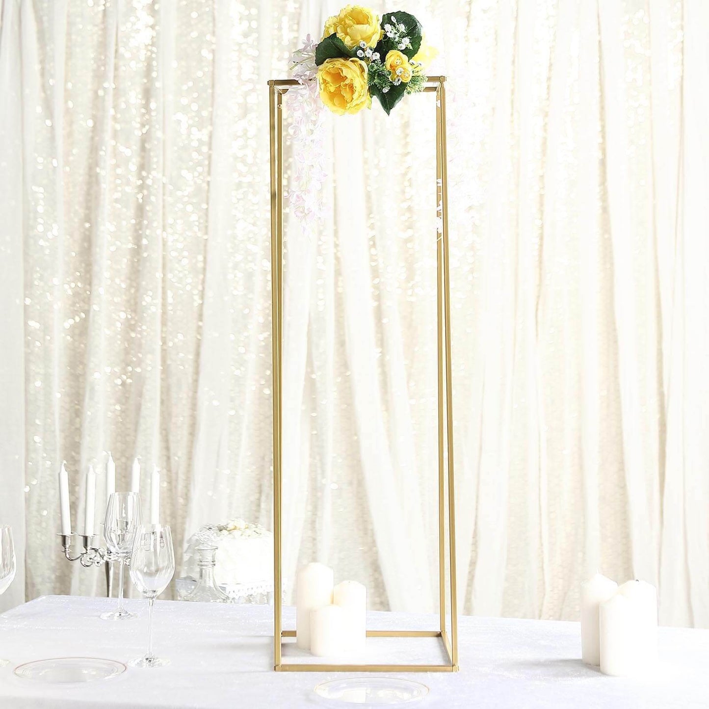 2-Pack Wedding Flower Stand Gold Metal Geometric Column Frame Rectangular - Versatile Floral Pedestal for Sophisticated Arrangements 40"