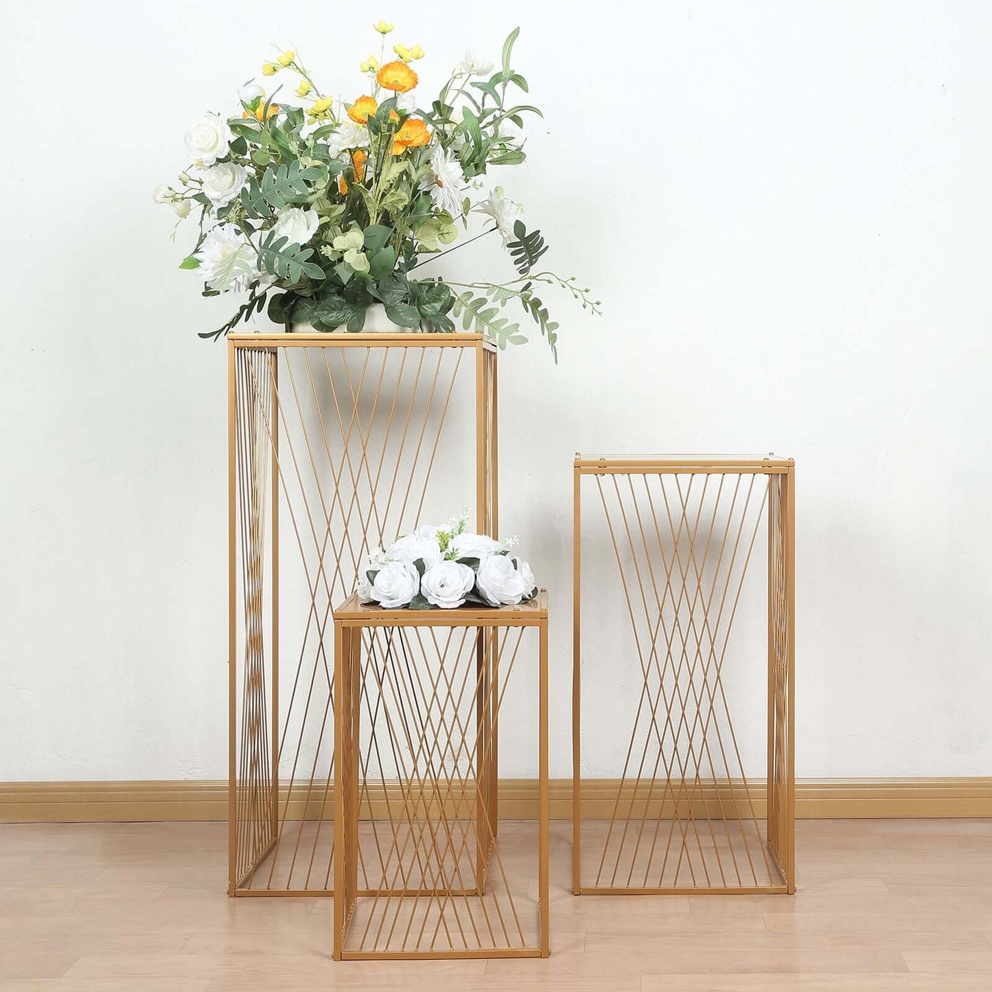 Set of 3 Gold Metal Rectangular Plant Stands with Geometric Crossed Lines Pattern, Nesting Cake Dessert Tables Floral Display Stands - 19",27",35"