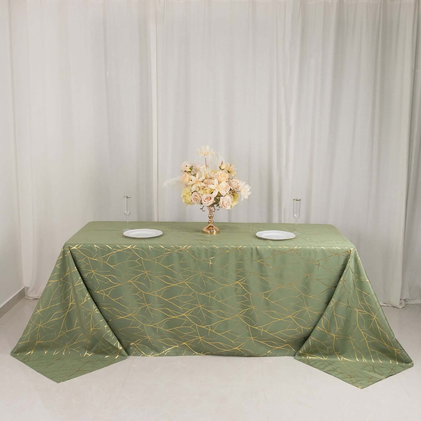 Polyester 90"x132" Rectangle Tablecloth Dusty Sage Green with Gold Foil Tree Branch Pattern - Wrinkle-Resistant Seamless Table Cover