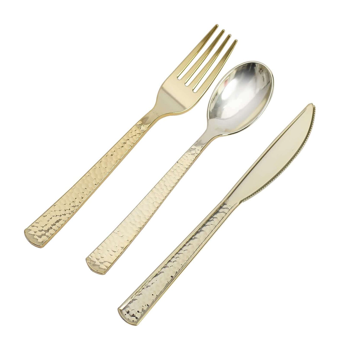 24-Pack Plastic Silverware Set with Hammered Design Gold - Heavy Duty Disposable Utensils 7"