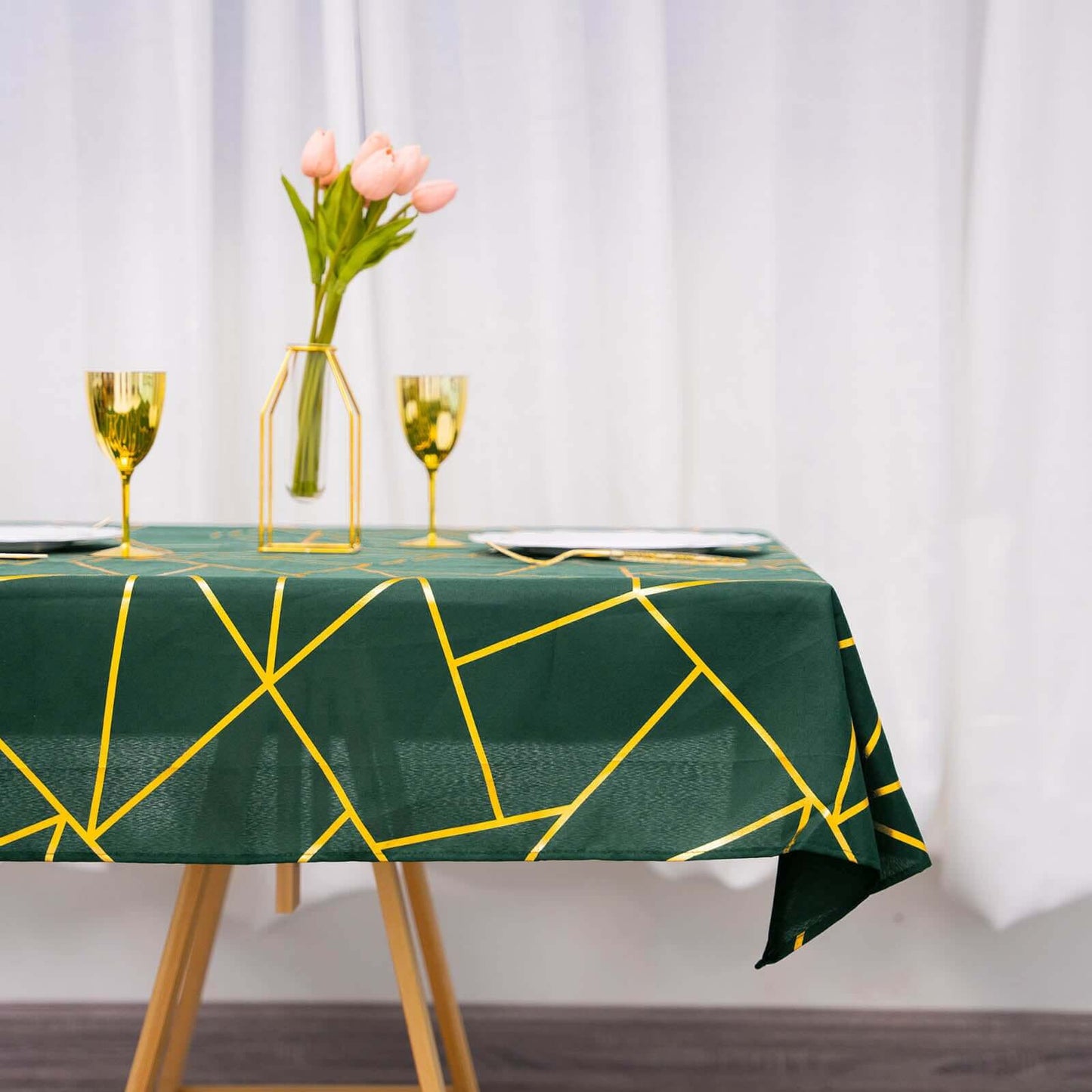 Polyester 54"x54" Table Overlay Square Tablecloth Hunter Emerald Green with Gold Foil Geometric Pattern - Wrinkle-Resistant & Durable Table Topper