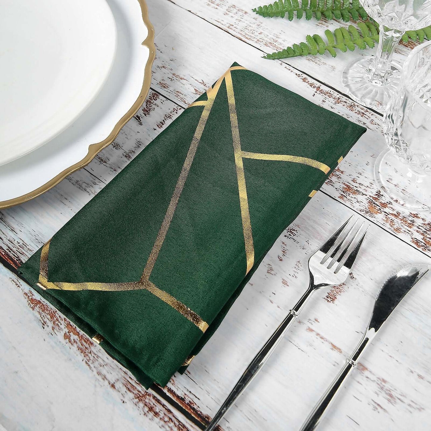 5 Pack Polyester 20"x20" Napkins Hunter Emerald Green with Gold Geometric Foil Pattern - Modern Reusable Dinner Napkins