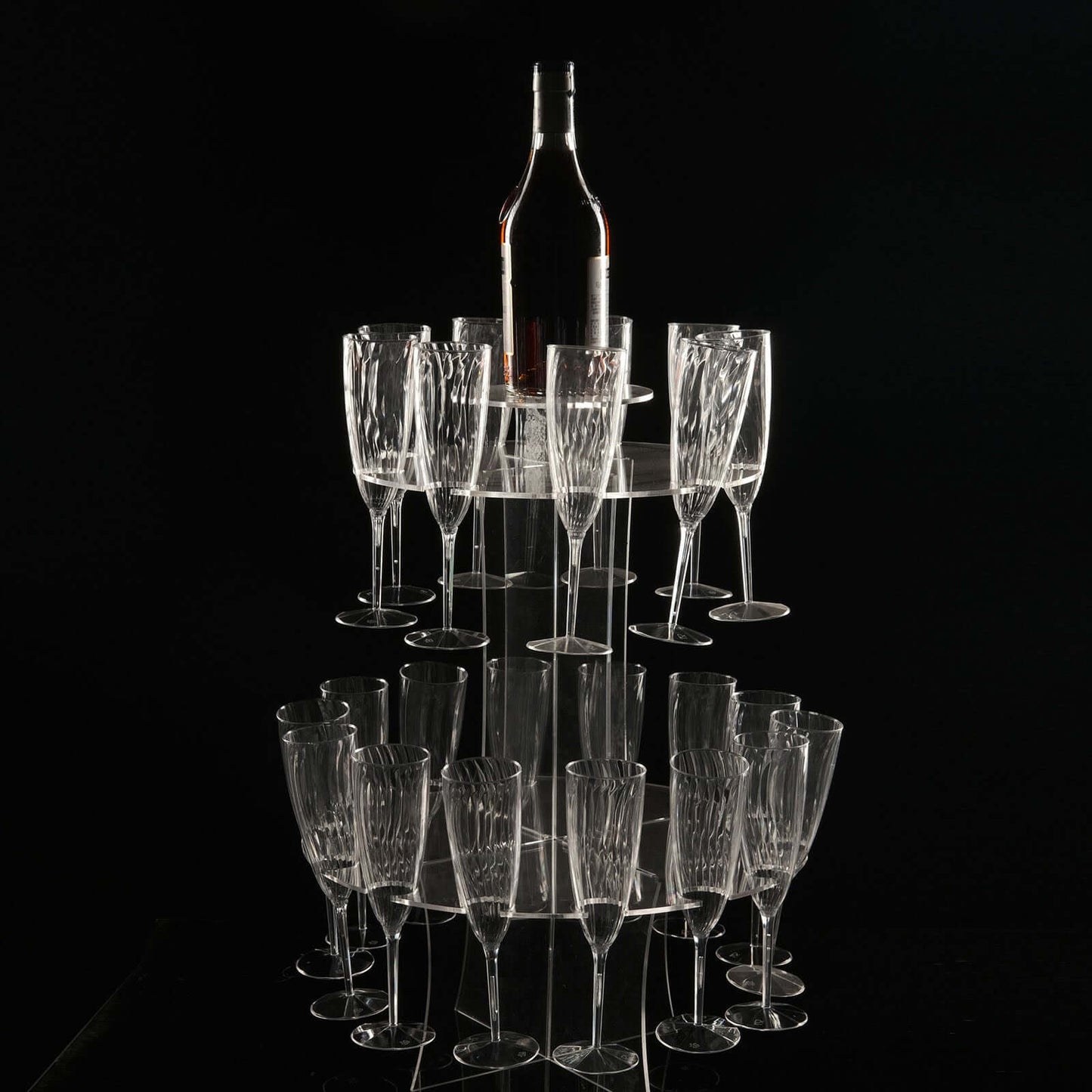 3-Tier Round Champagne Glass Holder Tower Clear Acrylic + 1 Bottle for Professional & Home Use 21"