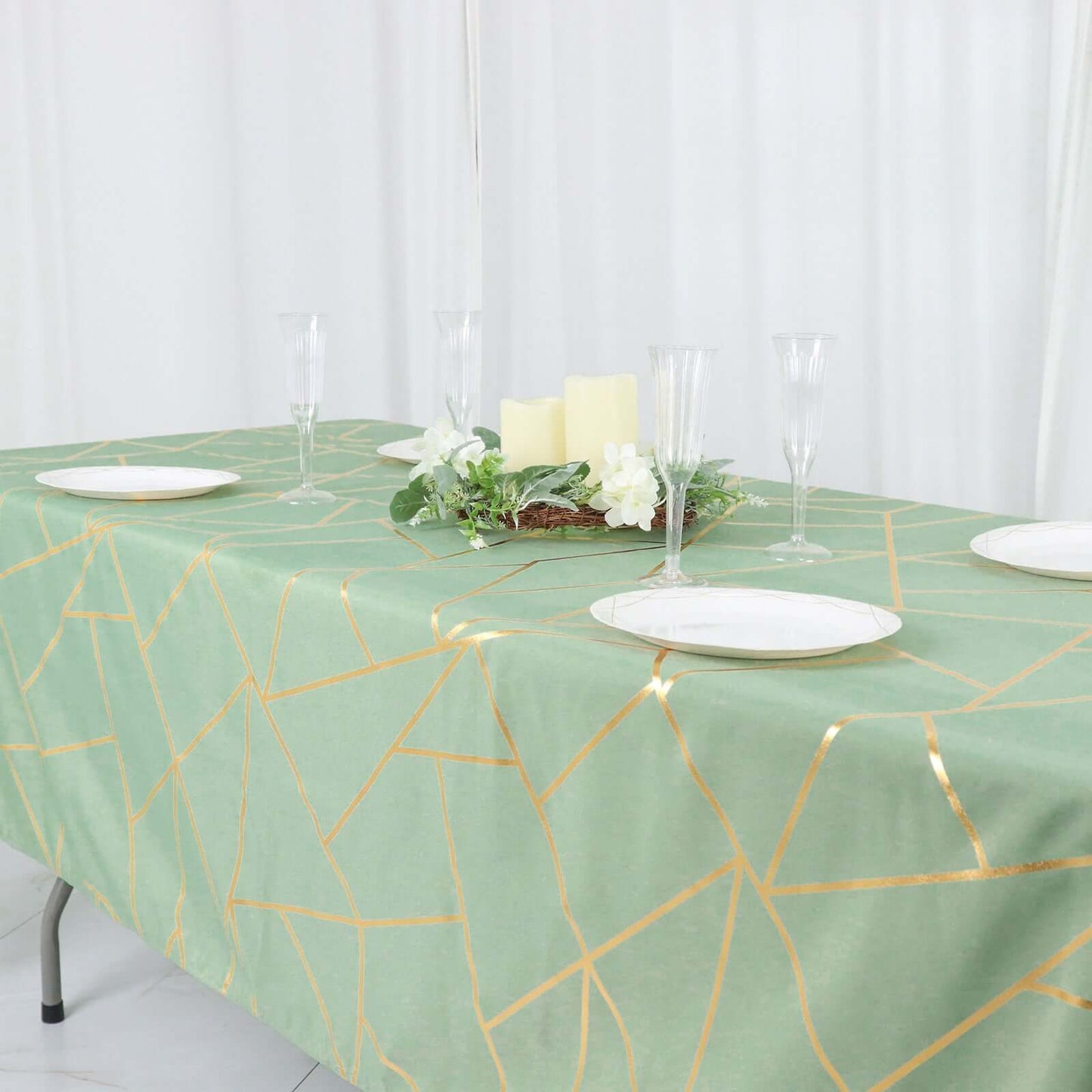 Polyester 60"x102" Rectangle Tablecloth Sage Green with Gold Foil Geometric Pattern - Wrinkle-Resistant & Durable Table Cover