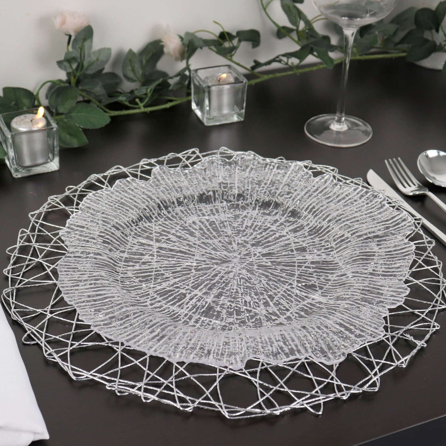 6-Pack Table Placemats Woven Fiber Design Silver Round - Disposable Mats for Dining and Events 15"
