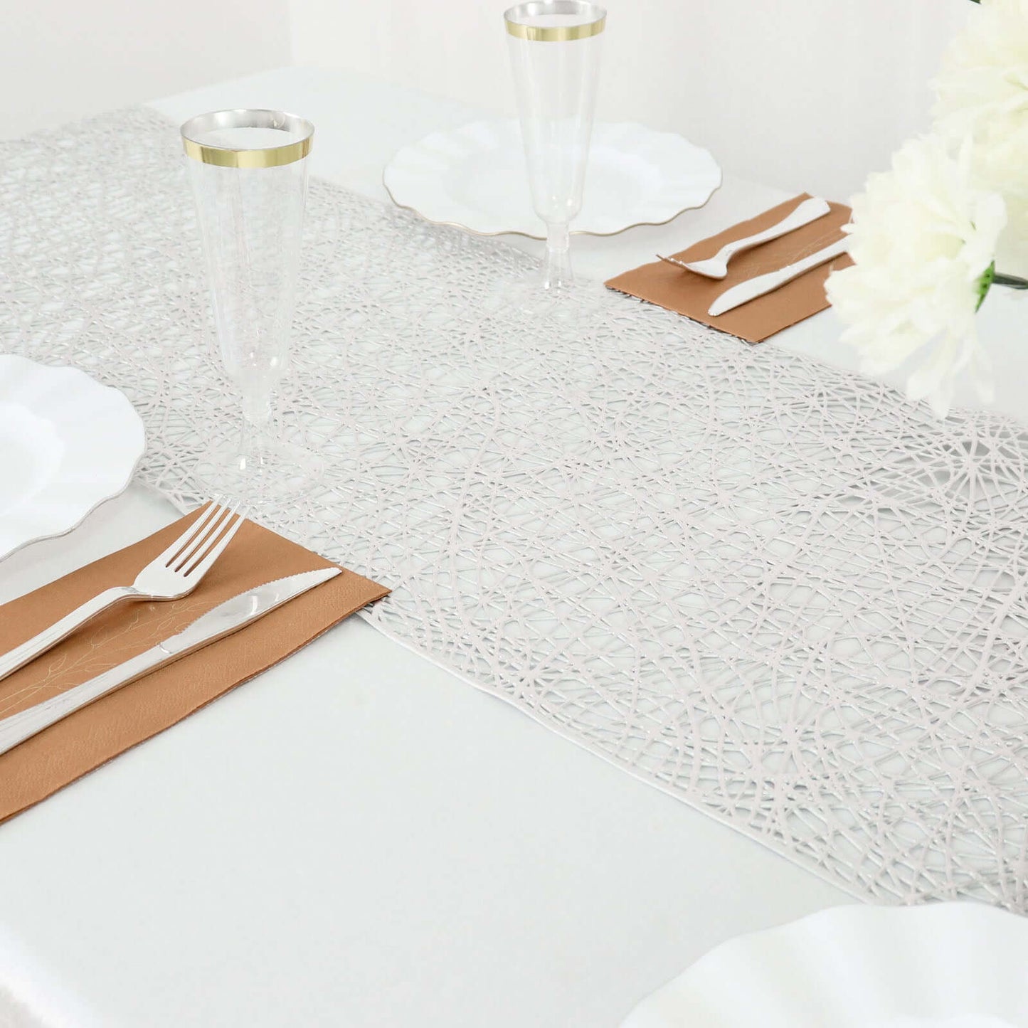 Plastic Woven Vinyl 13"x6ft Table Runner Metallic Silver - Non-Slip & Reversible Tabletop Decor