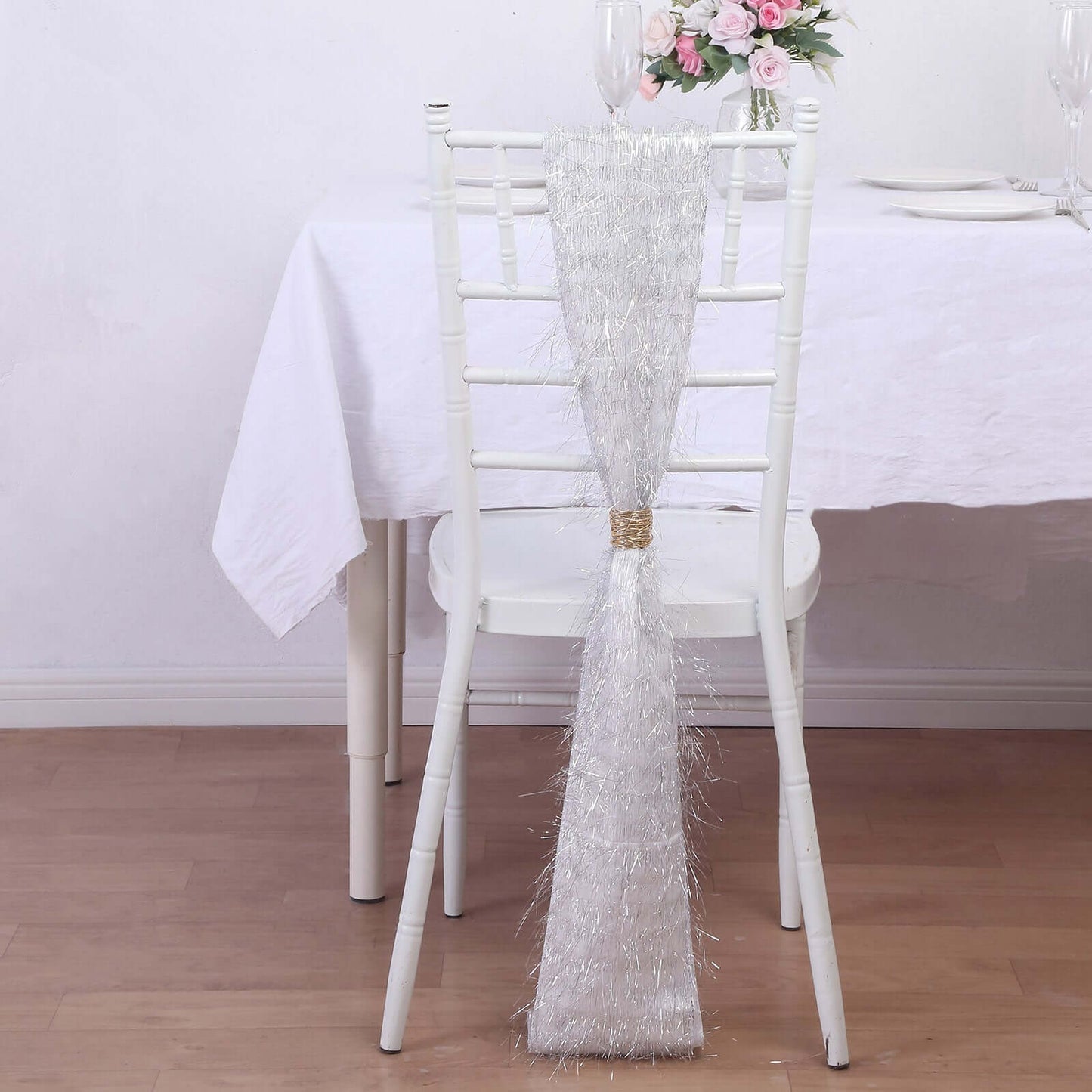 5 Pack Polyester Chair Sashes Silver Metallic Tinsel Fringe - Easy to Use Chair Bows 6"x108"
