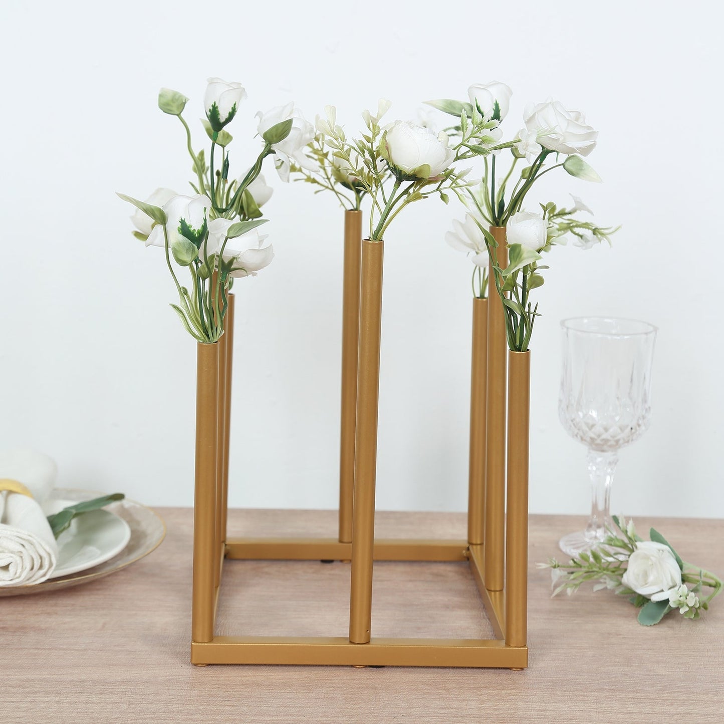 Flower Vase Gold Metal Minimalist 8-Tubes Square Base Design - Single Stem Bud Centerpiece for Arrangements 10"