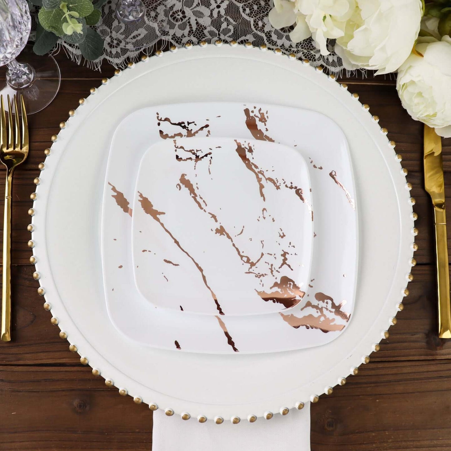 10-Pack Plastic 8" Square Dessert Plates in White with Rose Gold Marble Design - Disposable Appetizer Salad Party Plates