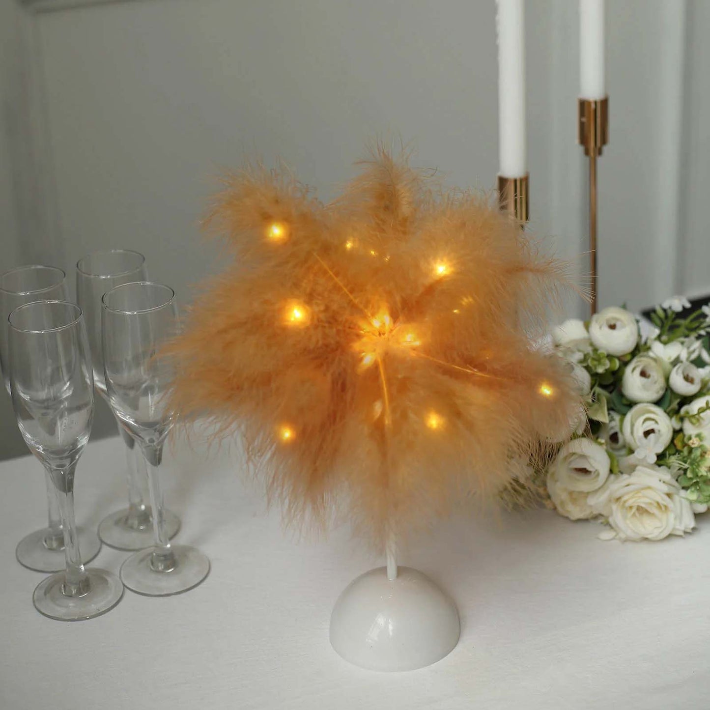 Table Lamp Feather Design Natural LED Battery Operated - Cordless Wedding Centerpiece 15"