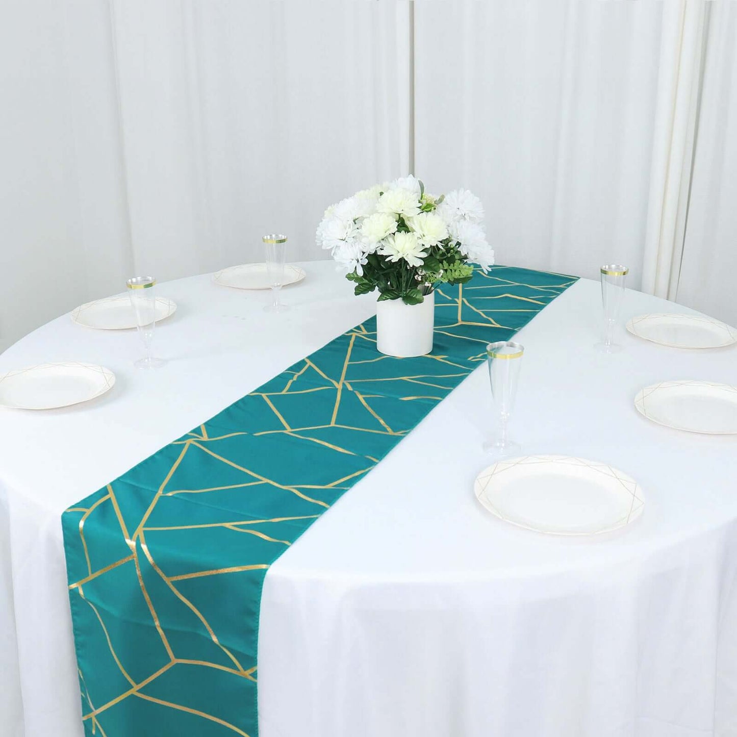 Polyester 9ft Table Runner Teal with Gold Foil Modern Geometric Accent