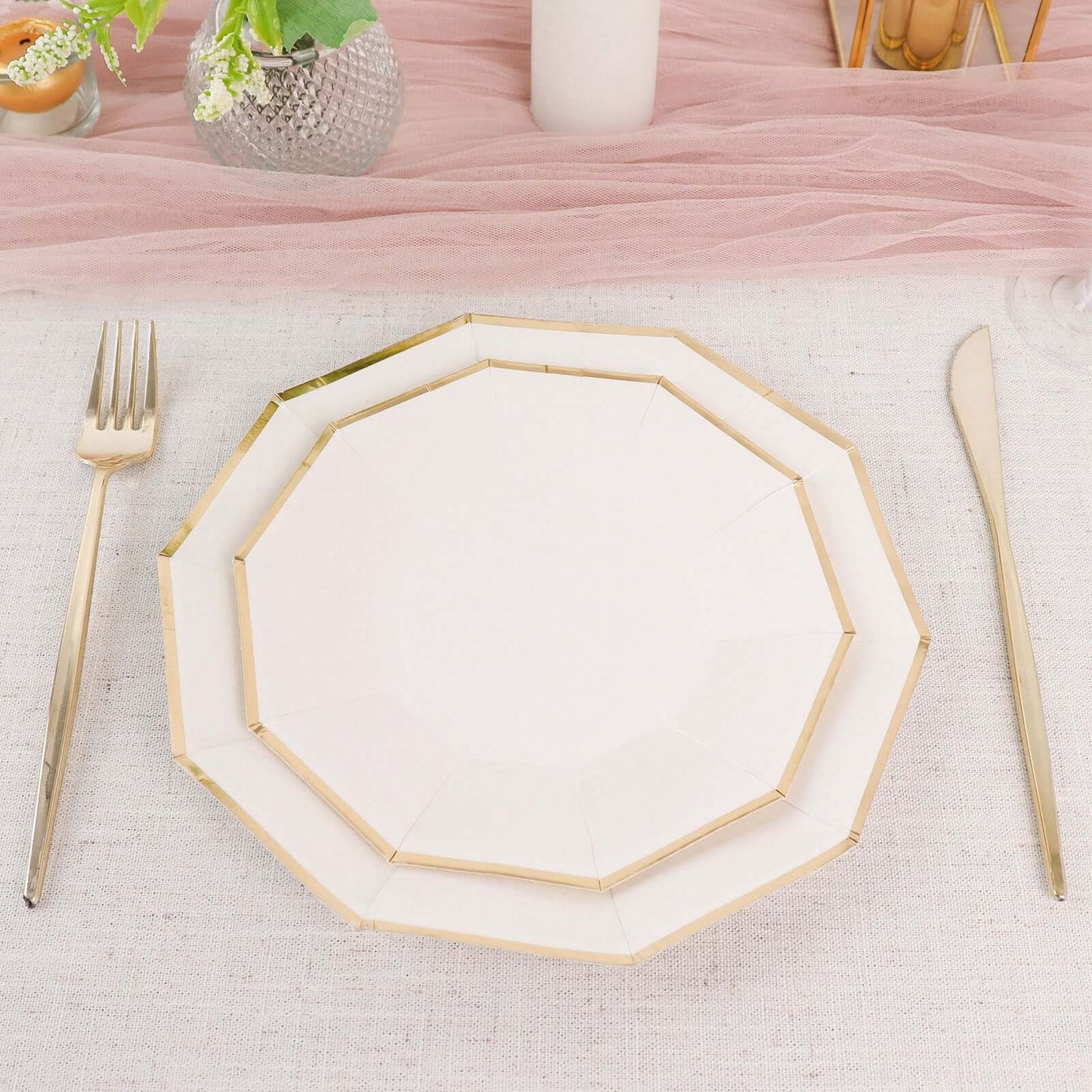 25-Pack Paper 7" Decagon Appetizer Plates in White with Gold Foil Rim - Stylish Geometric Dessert/Salad Plates for Cocktail Parties & Receptions